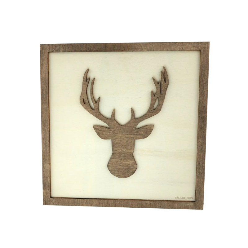 Customizable wall art frame of a deer in cut and engraved wood front view Woodillusion