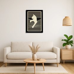Living room environment with customizable wall art frame of a cat in cut and engraved wood front view with frame Woodillusion