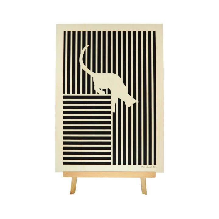 Customizable wall art frame of a cat in cut and engraved wood front view with easel Woodillusion