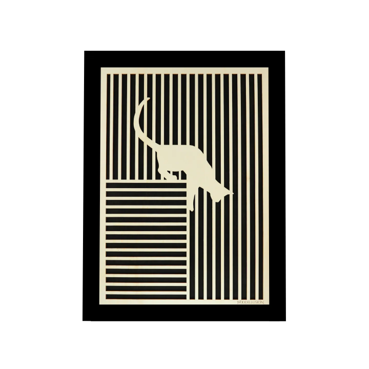 Tableau cadre personnalisable d’un chat en bois découpé et gravé vue de face avec cadre Woodillusion