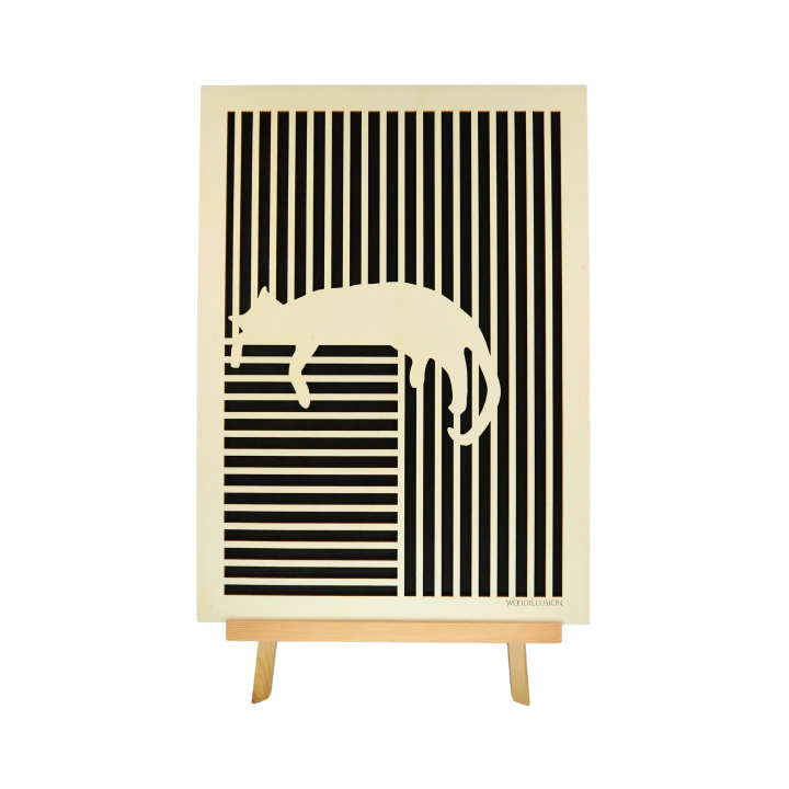 Customizable wall art frame of a cat in cut and engraved wood front view with easel Woodillusion