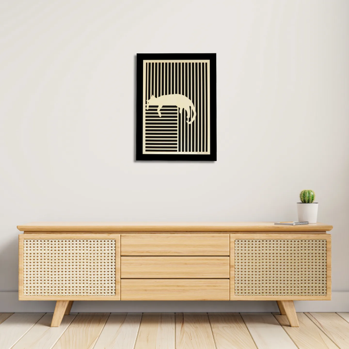 Entryway environment with customizable wall art frame of a cat in cut and engraved wood front view with frame Woodillusion