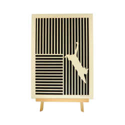Customizable wall art frame of a cat in cut and engraved wood front view with easel Woodillusion