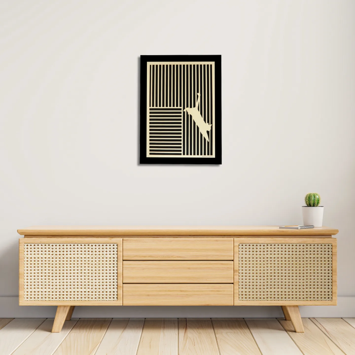 Entryway environment with customizable wall art frame of a cat in cut and engraved wood front view with frame Woodillusion