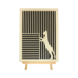 Customizable wall art frame of a cat in cut and engraved wood front view with easel Woodillusion