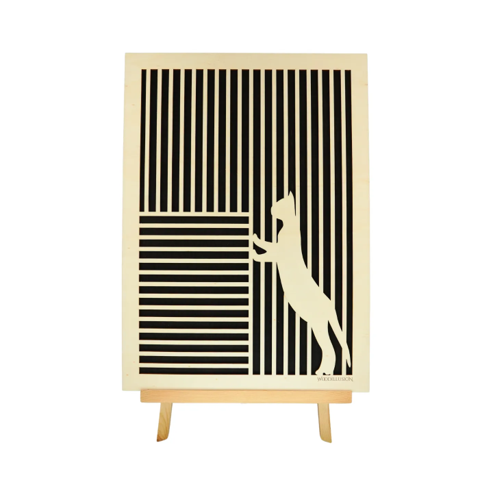 Tableau cadre personnalisable d’un chat en bois découpé et gravé vue de face avec chevalet Woodillusion