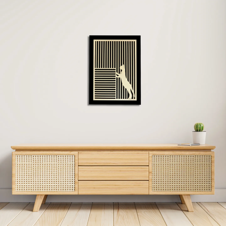 Entryway environment with customizable wall art frame of a cat in cut and engraved wood front view with frame Woodillusion