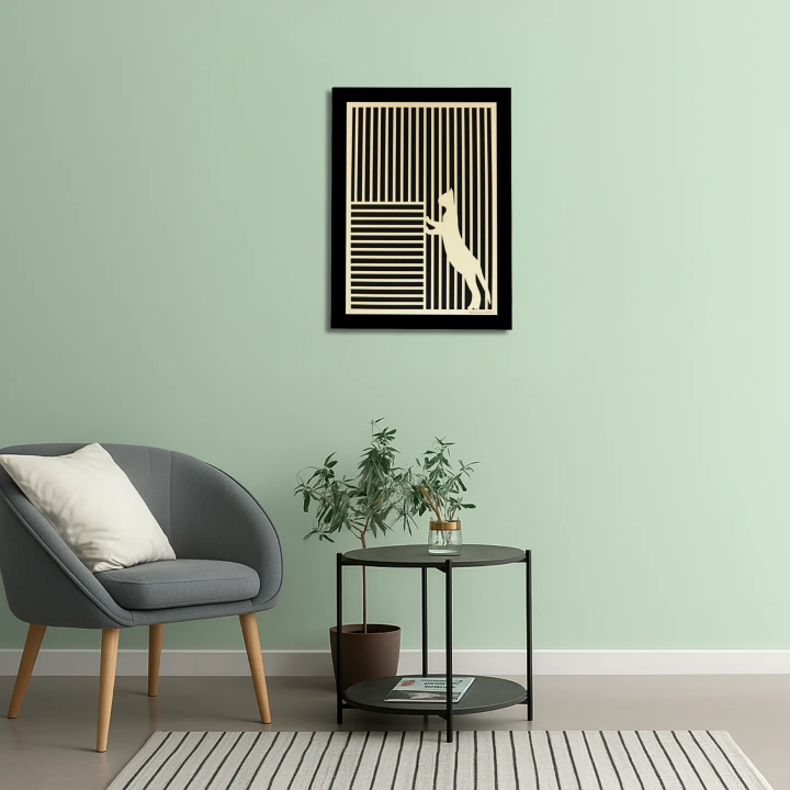 Waiting room environment with customizable wall art frame of a cat in cut and engraved wood front view Woodillusion