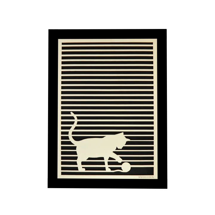 Customizable wall art frame of a cat in cut and engraved wood front view with frame Woodillusion
