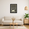 Living room environment with customizable wall art frame of a cat in cut and engraved wood front view with frame Woodillusion