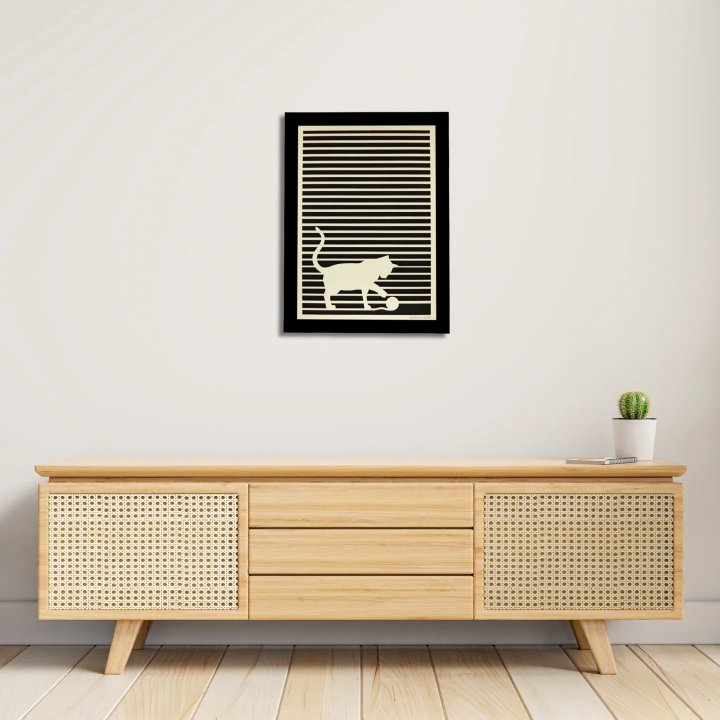 Entryway environment with customizable wall art frame of a cat in cut and engraved wood front view with frame Woodillusion
