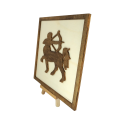Customizable wall art frame of a centaur in cut and engraved wood side view with easel Woodillusion