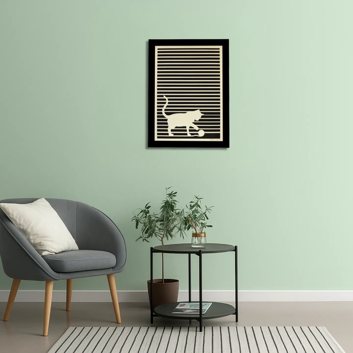 Waiting room environment with customizable wall art frame of a cat in cut and engraved wood front view Woodillusion
