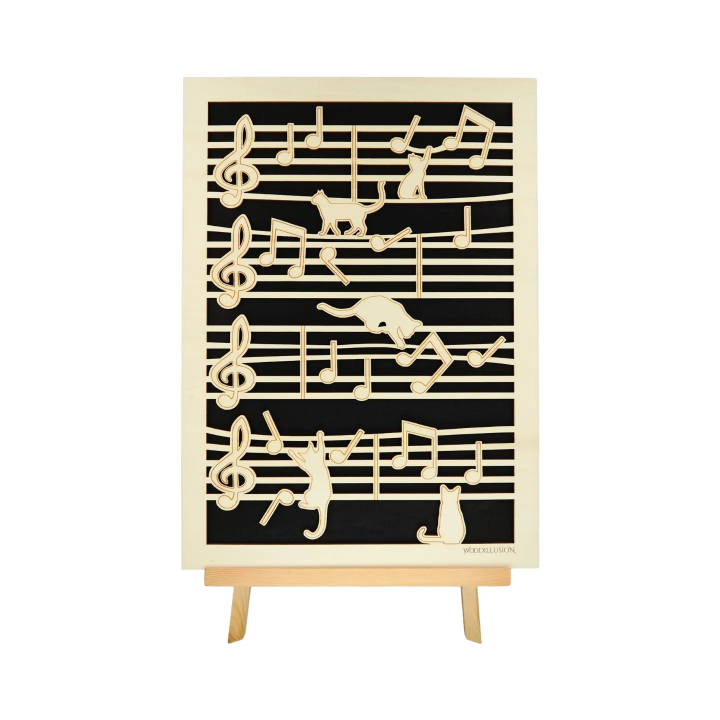 Tableau cadre personnalisable d’un chat en bois découpé et gravé vue de face avec chevalet Woodillusion