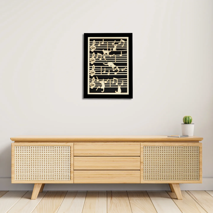 Entryway environment with customizable wall art frame of a cat in cut and engraved wood front view with frame Woodillusion