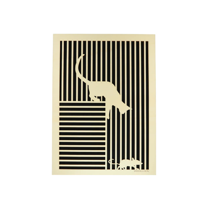 Tableau cadre personnalisable d’un chat avec souris en bois découpé et gravé vue de face Woodillusion