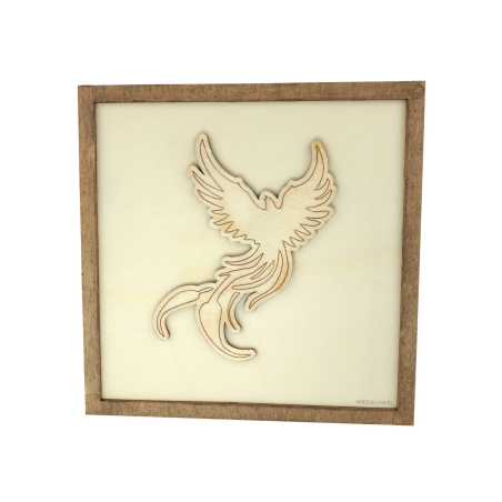 Customizable wall art frame of a phoenix in cut and engraved wood front view Woodillusion