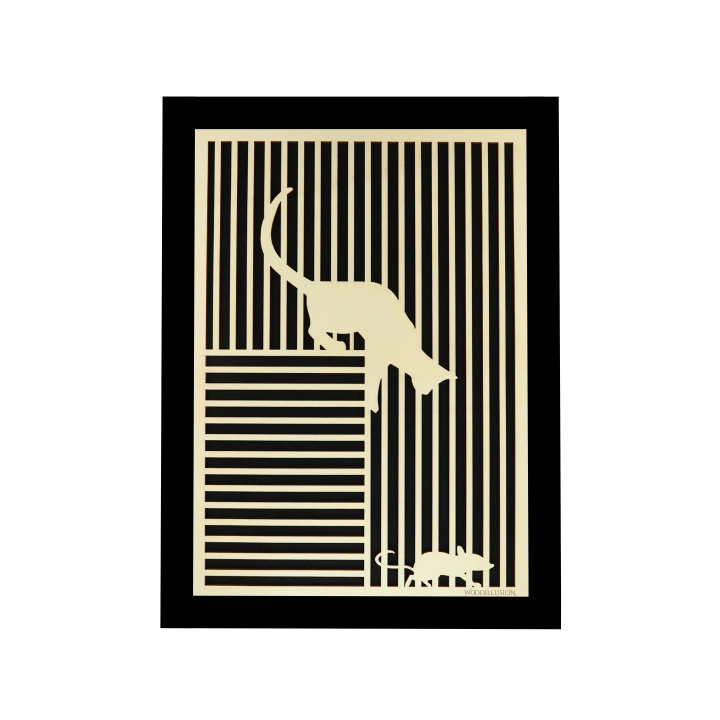 Customizable wall art frame of a cat with mouse in cut and engraved wood front view with frame Woodillusion
