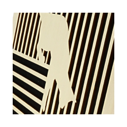 Zoom on customizable wall art frame of a cat with mouse in cut and engraved wood side view with easel Woodillusion