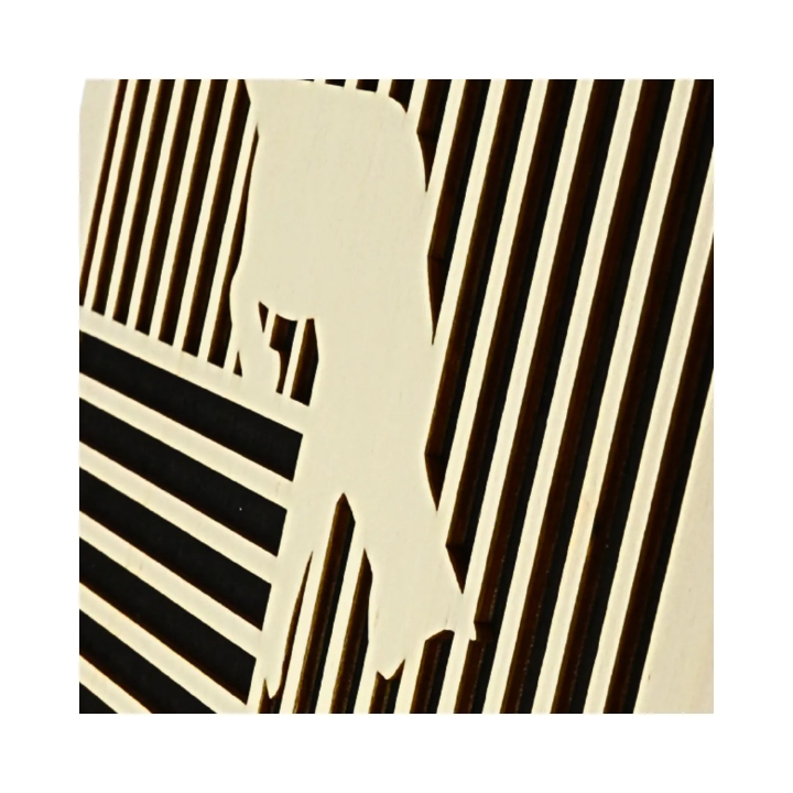 Zoom on customizable wall art frame of a cat with mouse in cut and engraved wood side view with easel Woodillusion