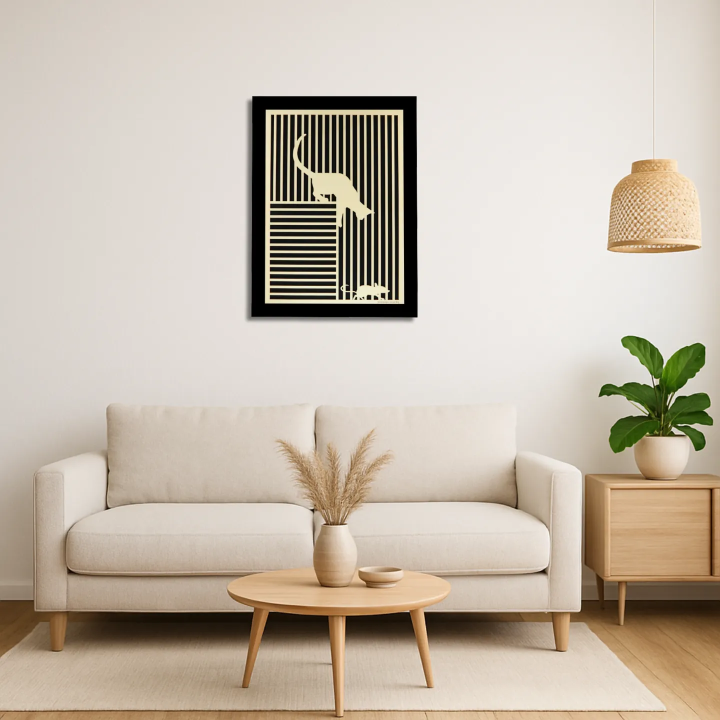 Living room environment with customizable wall art frame of a cat with mouse in cut and engraved wood front view Woodillusion