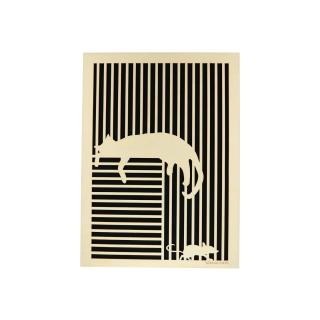 Customizable wall art frame of a cat with mouse in cut and engraved wood front view Woodillusion