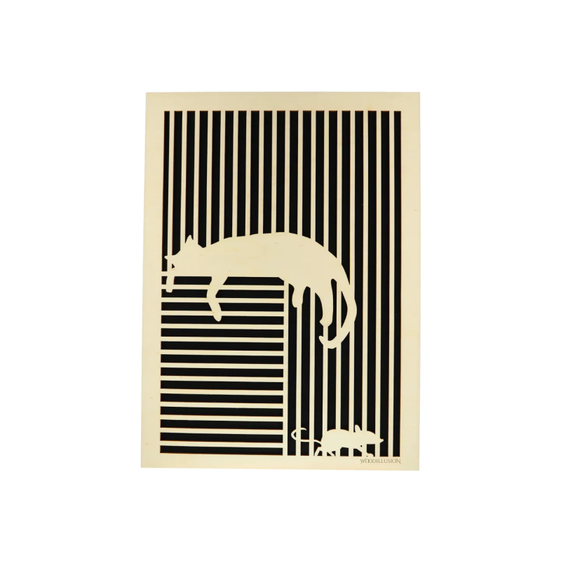 Customizable wall art frame of a cat with mouse in cut and engraved wood front view Woodillusion