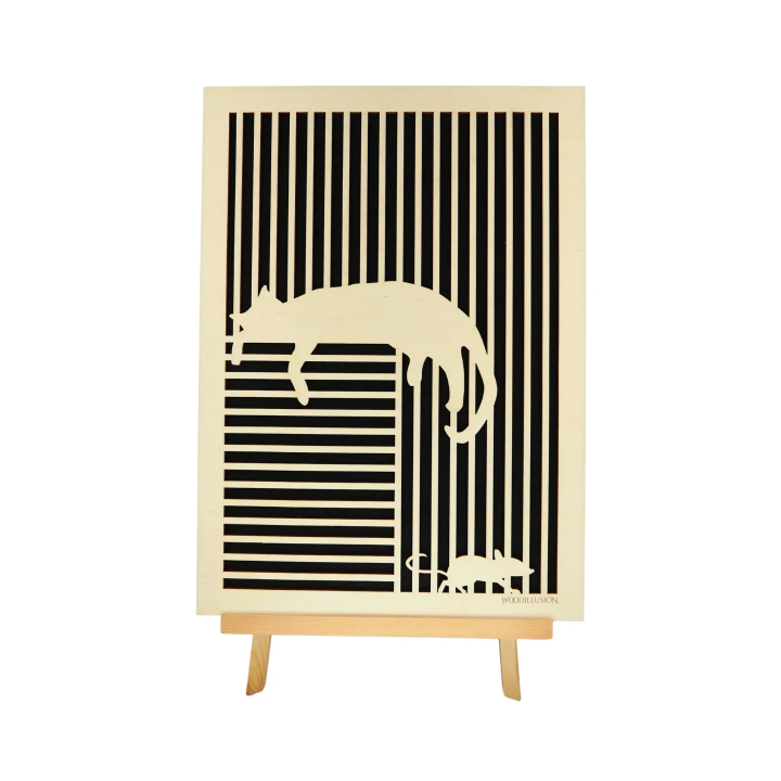 Customizable wall art frame of a cat with mouse in cut and engraved wood front view with easel Woodillusion