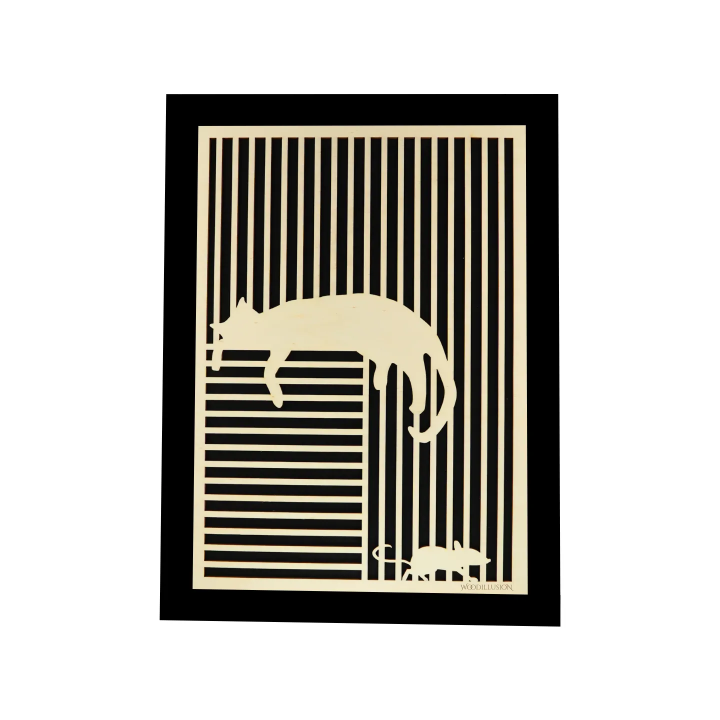 Customizable wall art frame of a cat with mouse in cut and engraved wood front view with frame Woodillusion