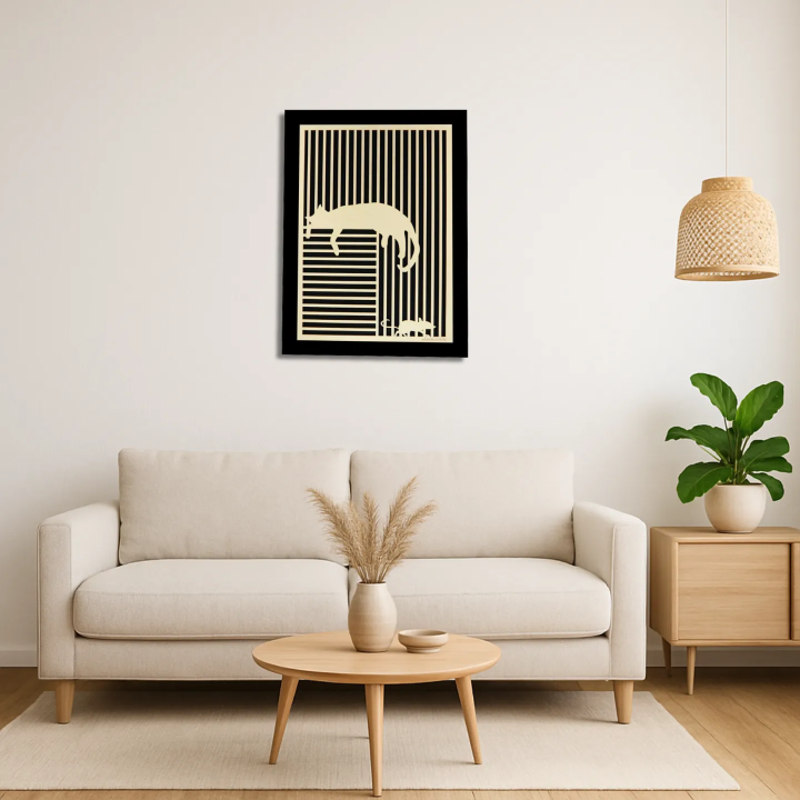 Living room environment with customizable wall art frame of a cat with mouse in cut and engraved wood front view Woodillusion