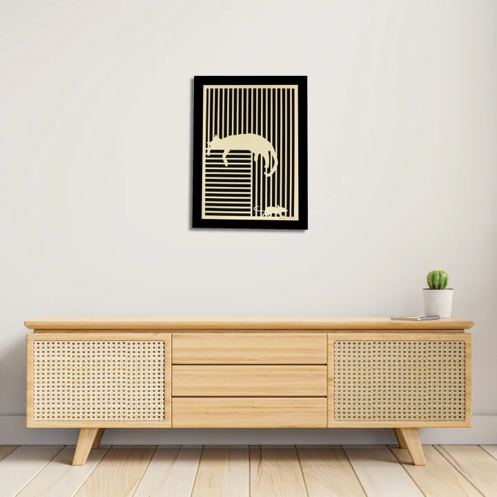 Entryway environment with customizable wall art frame of a cat with mouse in cut and engraved wood front view Woodillusion
