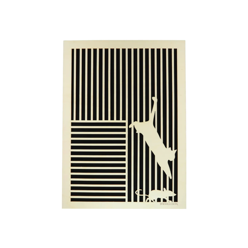 Tableau cadre personnalisable d’un chat avec souris en bois découpé et gravé vue de face Woodillusion