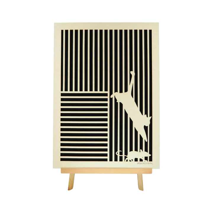Customizable wall art frame of a cat with mouse in cut and engraved wood front view with easel Woodillusion