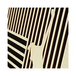 Zoom on customizable wall art frame of a cat with mouse in cut and engraved wood side view with easel Woodillusion