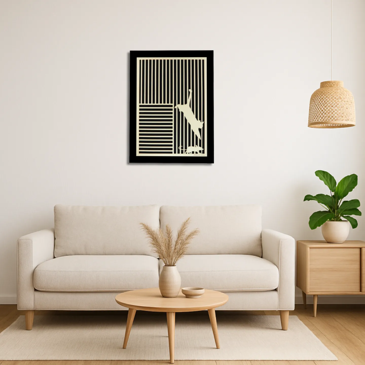 Living room environment with customizable wall art frame of a cat with mouse in cut and engraved wood front view Woodillusion