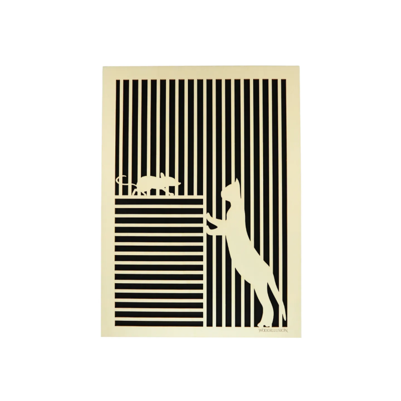 Tableau cadre personnalisable d’un chat avec souris en bois découpé et gravé vue de face Woodillusion