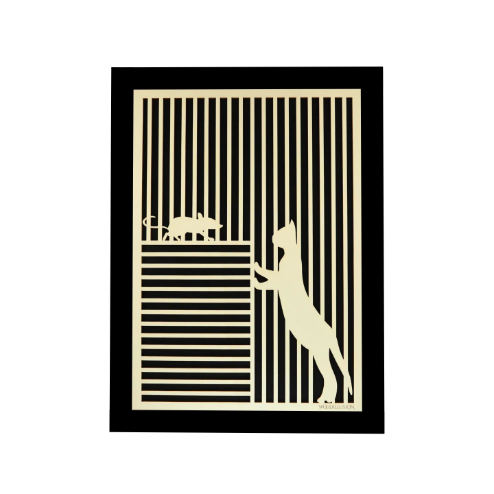 Customizable wall art frame of a cat with mouse in cut and engraved wood front view with frame Woodillusion