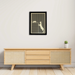 Entryway environment with customizable wall art frame of a cat with mouse in cut and engraved wood front view Woodillusion