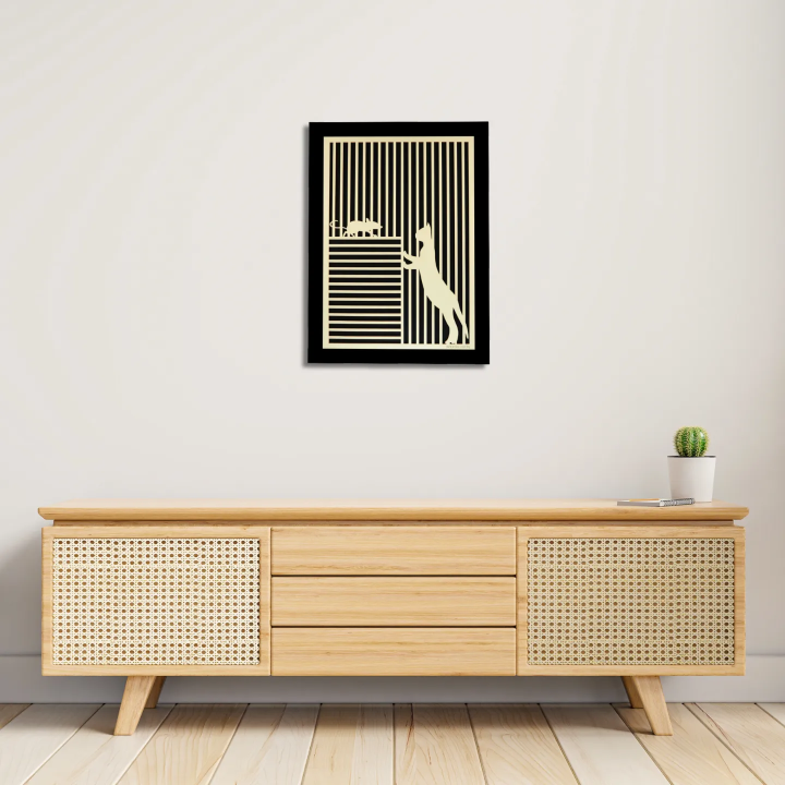 Environnement entrée avec tableau cadre personnalisable d’un chat avec souris en bois découpé et gravé vue de face Woodillusion