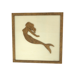 Customizable wall art frame of a mermaid in cut and engraved wood front view Woodillusion