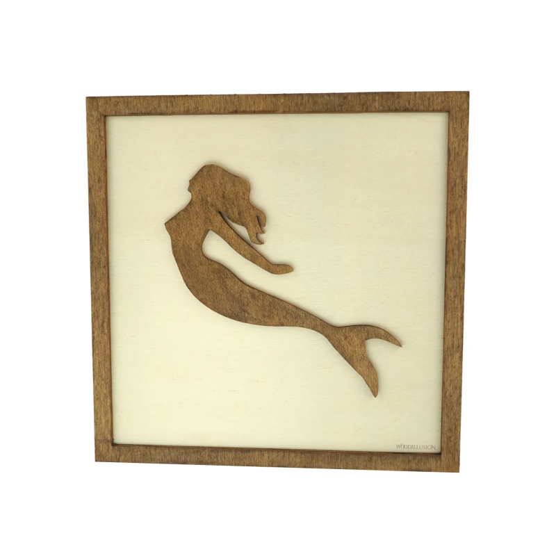 Tableau cadre personnalisable d’une sirène en bois découpé et gravé vue de face Woodillusion