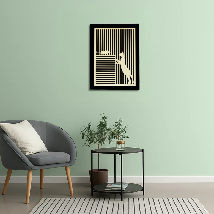 Environnement salle d’attente avec tableau cadre personnalisable d’un chat avec souris en bois découpé et gravé Woodillusion