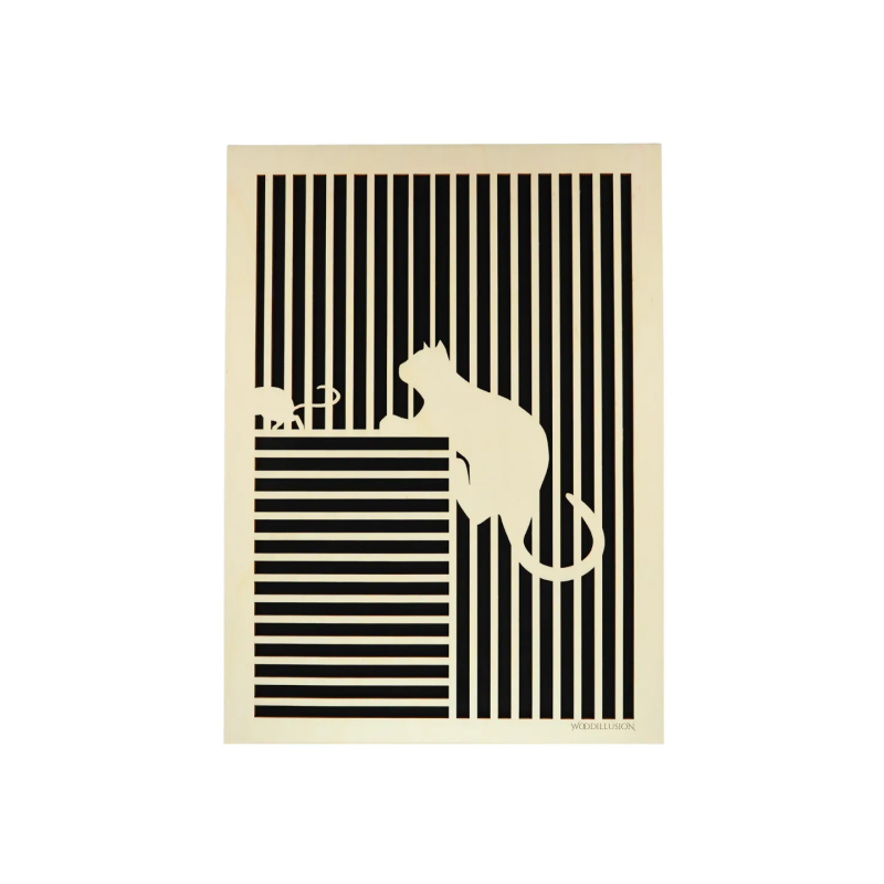 Tableau cadre personnalisable d’un chat avec souris en bois découpé et gravé vue de face Woodillusion