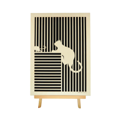 Customizable wall art frame of a cat with mouse in cut and engraved wood front view with easel Woodillusion