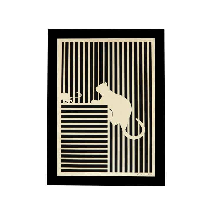 Customizable wall art frame of a cat with mouse in cut and engraved wood front view with frame Woodillusion