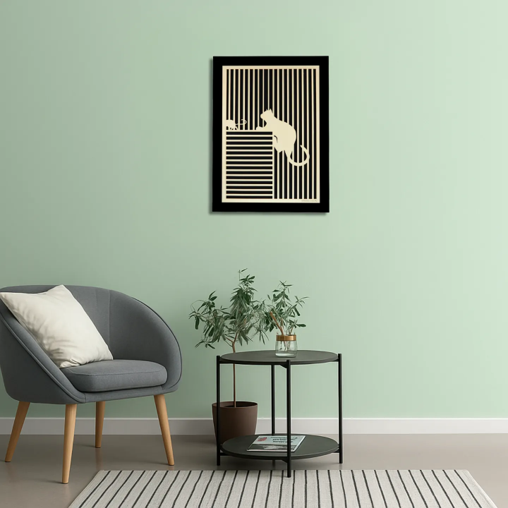 Environnement salle d’attente avec tableau cadre personnalisable d’un chat avec souris en bois découpé et gravé Woodillusion