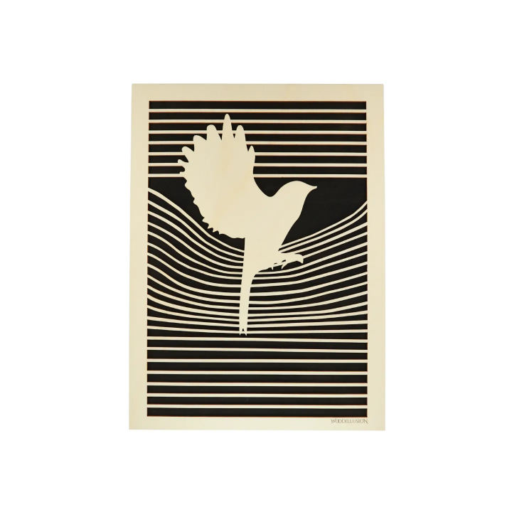 Customizable wall art frame of a dove in cut and engraved wood front view Woodillusion