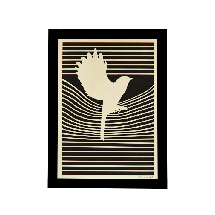 Customizable wall art frame of a dove in cut and engraved wood front view with frame Woodillusion