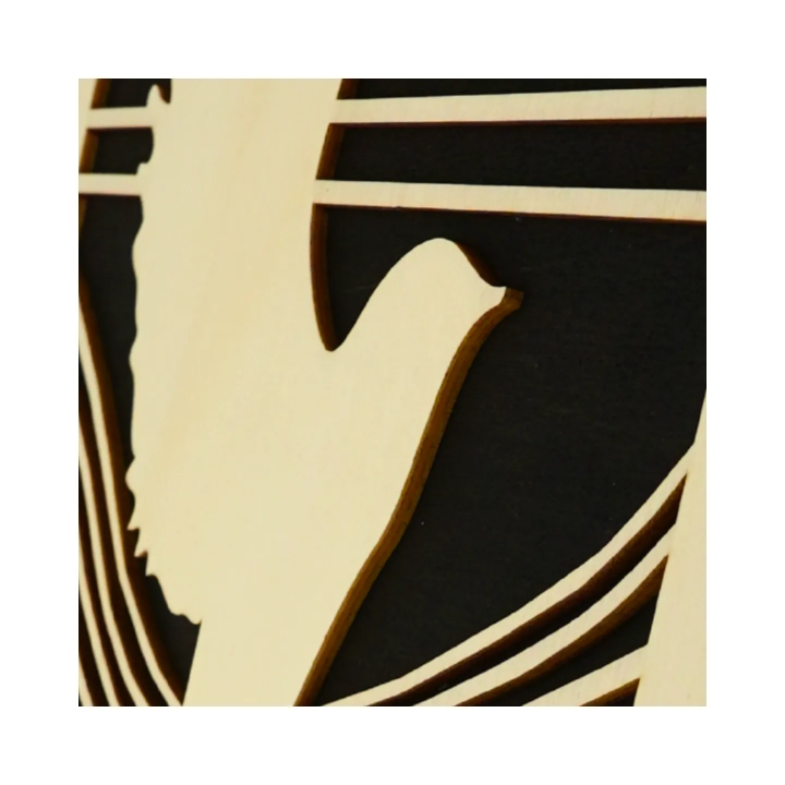 Zoom on a customizable wall art frame of a dove in cut and engraved wood side view with easel Woodillusion