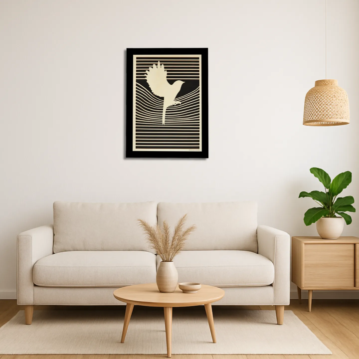 Living room view with a customizable wall art frame of a dove in cut and engraved wood front view with frame Woodillusion